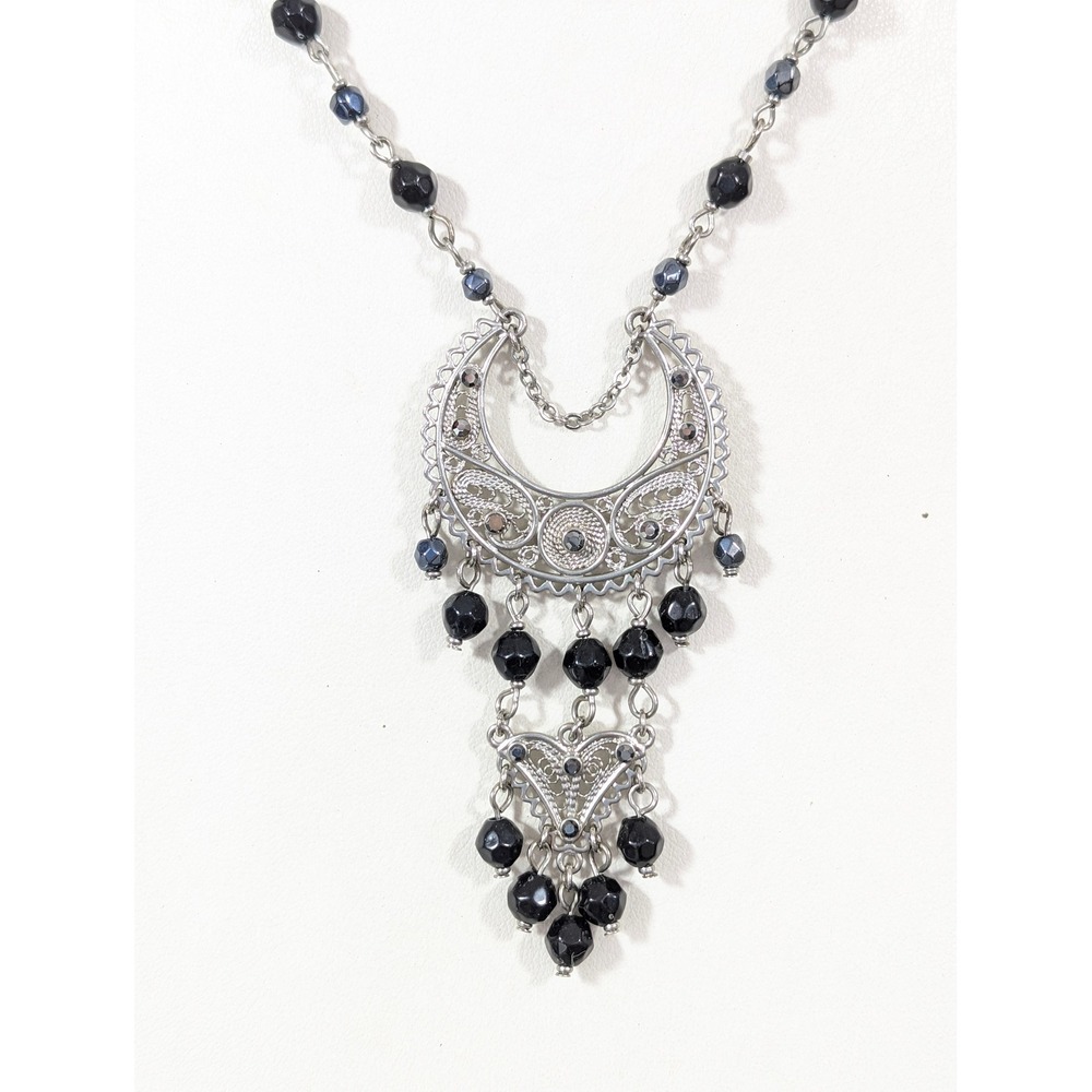 Boho‎ Statement Bib Necklace Black Beads Hematite Rhinestone Pendant 17.5"
